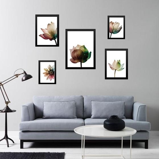 Imagem de Composição 5 quadros Flores Claras Modernas - com vidro