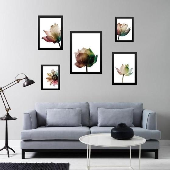 Imagem de Composição 5 Quadros Flores Claras Modernas - Com Vidro