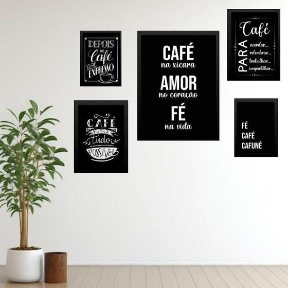 Imagem de Composição 5 Quadros Frases De Café - Com Vidro
