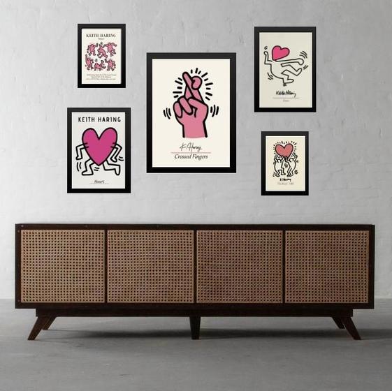 Imagem de Composição 5 Quadros Keith Haring Rosa - Com Vidro