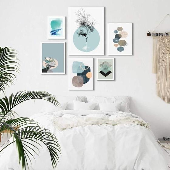 Imagem de Composição 6 Quadros Abstratos Suaves Verde Água - Com Vidro