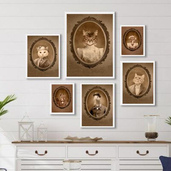 Imagem de Composição 6 Quadros Animais Retrô Antigos - com vidro