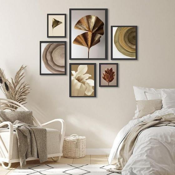 Imagem de Composição 6 Quadros Decorativos Bege Marrom E Dourado Vidro