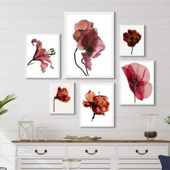 Imagem de Composição 6 Quadros Decorativos Flores Vinho Marrom Marsala