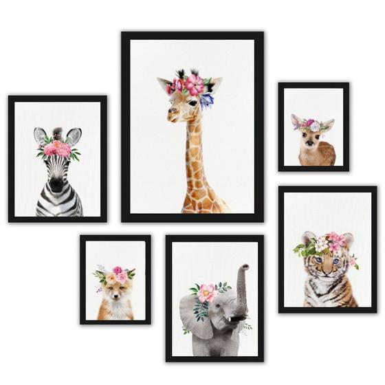 Imagem de Composição 6 Quadros Filhotes Animais Com Flores - com vidro