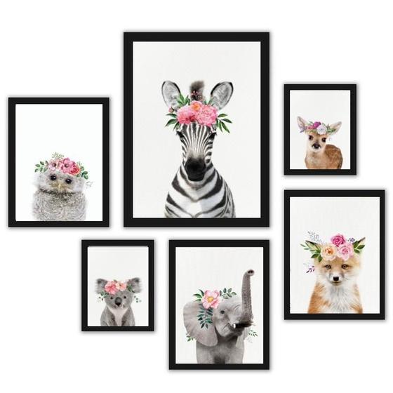Imagem de Composição 6 Quadros Infantis Animais Com Flores - Com Vidro