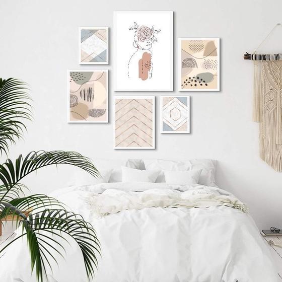Imagem de Composição 6 Quadros Minimalistas Quarto - Bege - com vidro