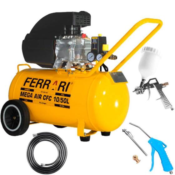 Compressor Ar Direto 2 HP CFC 10/50 Litros com Kit Multiuso FERRARI Menor preço em Compressor Ar Direto 2 HP CFC 10/50 Litros com Kit Multiuso FERRARI
