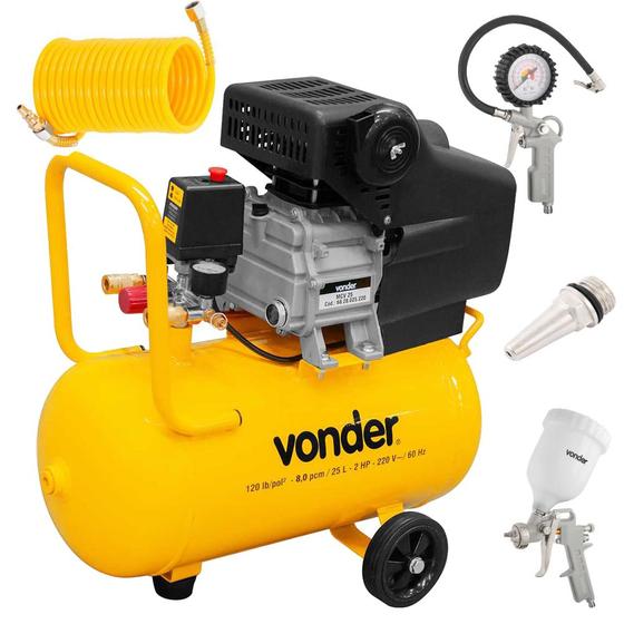 Imagem de Compressor de Ar 2Hp 24 Litros + Kit Pintura 4 Peças Oficina Funilaria Vonder