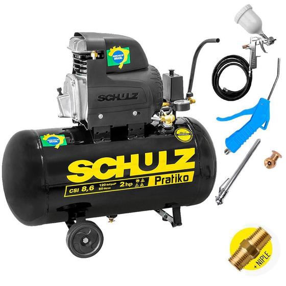 Imagem de Compressor de Ar de Pistão 2,0 HP 50 Litros 8,6 Pés Pratiko CSI 8,625 SCHULZ + Kit