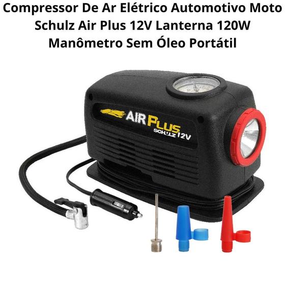 Imagem de Compressor De Ar Elétrico Automotivo Moto Schulz Air Plus 12v Lanterna 120w Manômetro Sem Óleo Portátil