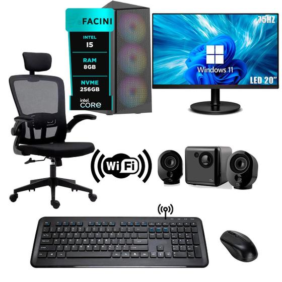 Imagem de Computador Completo eFacini, Intel i5, 8GB, NVMe 256GB, Cadeira Owl, Kit Teclado e Mouse sem Fio