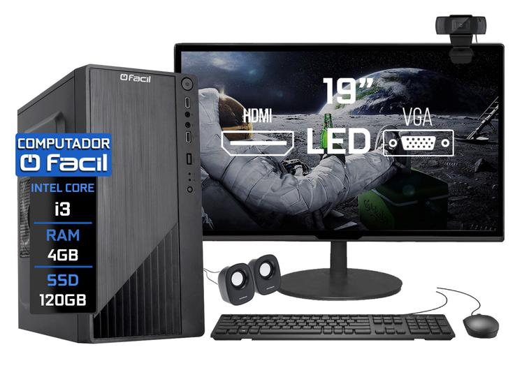 Imagem de Computador Completo Fácil Intel Core i3 4GB SSD 120GB Monitor 19" LED Volta às Aulas Home Office com Webcam Caixa de Som