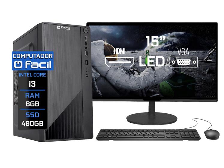 Imagem de Computador Completo Fácil Intel Core i3 8GB SSD 480GB Monitor 15" HDMI LED Teclado e Mouse