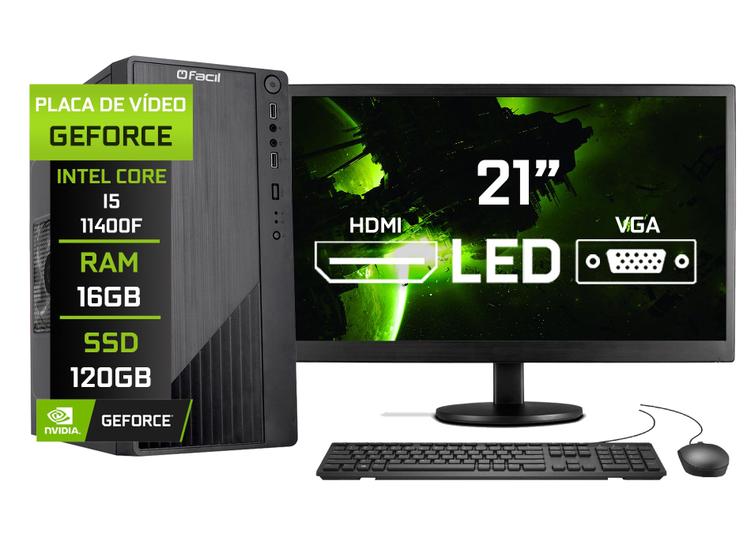 Imagem de Computador Completo Fácil Intel Core i5 11400F (11ª Geração) 16GB DDR4 Geforce Nvidia 1GB SSD 120GB Monitor 21" LED