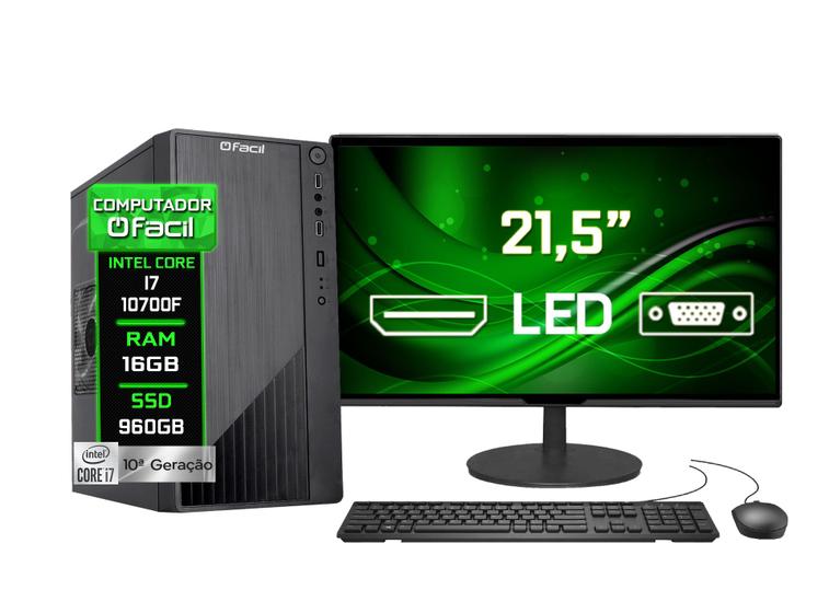 Computador Completo Fácil Intel Core i7 10700F (10ª Geração) 16GB DDR4 Geforce Nvidia SSD 960GB Monitor 21,5" Led Menor preço em Computador Completo Fácil Intel Core i7 10700F (10ª Geração) 16GB DDR4 Geforce Nvidia SSD 960GB Monitor 21,5" Led
