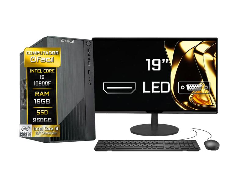 Imagem de Computador Completo Fácil Intel Core i9 10900F (10ª Geração) 16GB DDR4 Geforce Nvidia SSD 960GB Monitor 19" Led