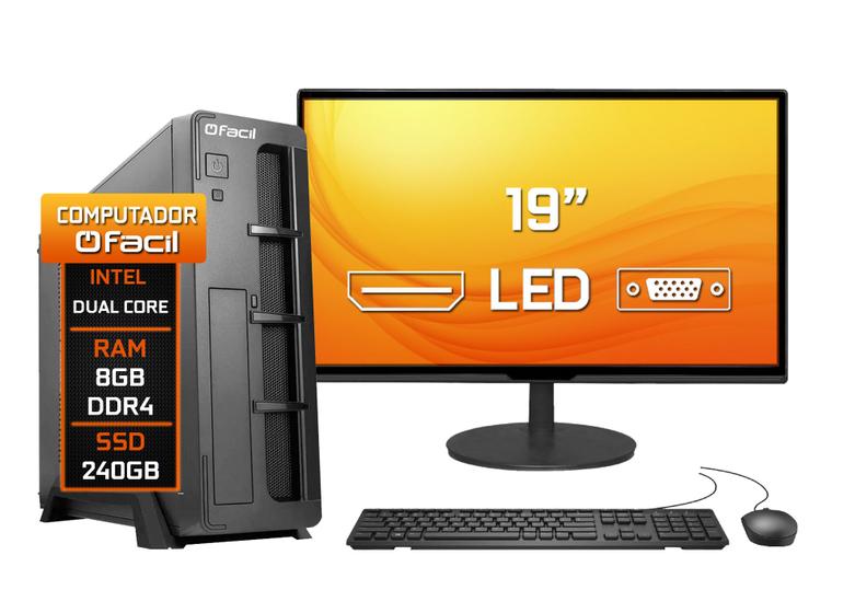 Computador Completo Fácil Slim Intel Dual Core 8GB DDR4 SSD 240GB Monitor 19" HDMI LED Teclado e Mouse Menor preço em Computador Completo Fácil Slim Intel Dual Core 8GB DDR4 SSD 240GB Monitor 19" HDMI LED Teclado e Mouse