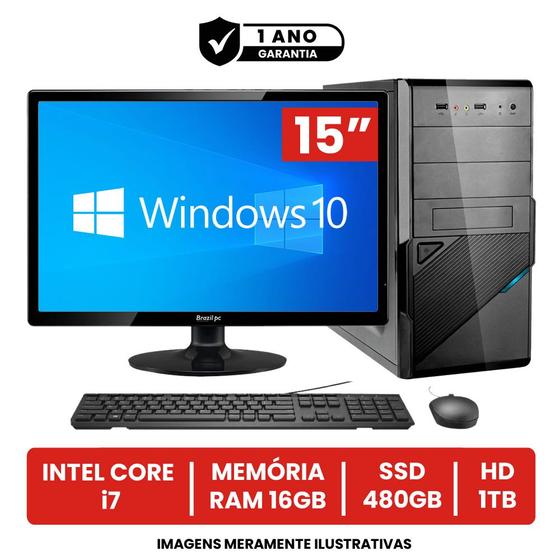 Imagem de Computador Completo Intel Core I7 16gb de Ram Ssd 480gb Hd 1tb Monitor Led 15" Hdmi + Windows 10