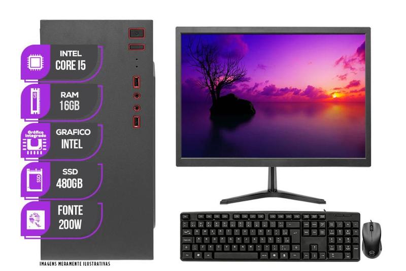 Imagem de Computador Completo Mancer, Intel Core i5 4ª, 16GB DE RAM, SSD 480GB, Monitor + Adaptador WI-FI