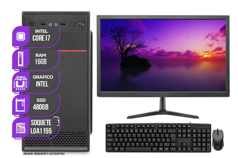 Imagem de Computador Completo Mancer, Intel Core i7, 16GB De Ram, SSD 480GB, Monitor 19 + Kit Teclado e Mouse