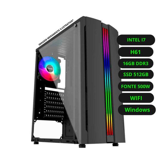 Imagem de Computador CPU Gamer Intel Core i7 H61 16GB DDR3 SSD 512GB Fonte 500W WiFi Windows