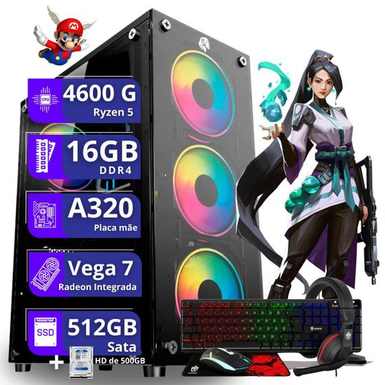 Imagem de Computador Cpu PC Gamer  AMD Ryzen 5 4600g Vega 7 16gb dd4 512gb ssd HD 500GB sata Kit teclado mouse headset - PC Master