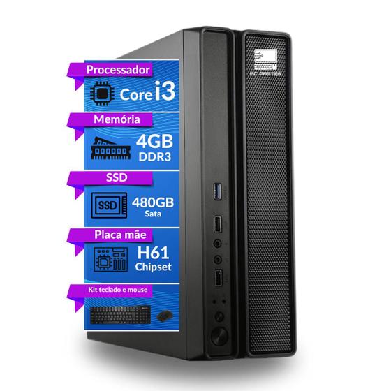 Imagem de Computador Cpu Slim Core i3 3.0ghz 4gb 480gb ssd sata kit teclado e mouse - PC Master