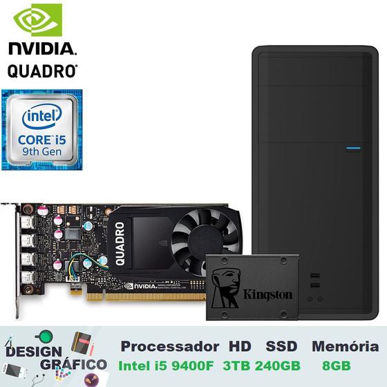 Imagem de Computador Desktop Design Engenharia Desenvolvimento 3green Intel Core i5 9ª Geração 9400F 8GB Nvidia Quadro P620 2GB DDR5 SSD 240GB HD 3TB