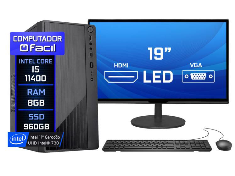 Imagem de Computador Fácil Intel Core i5 11400 (11ª Geração) 8GB DDR4 SSD 960GB Monitor 19" HDMI LED Teclado e Mouse