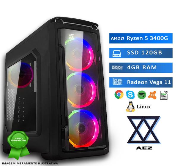 Imagem de Computador Gamer AEZ Powered By Asus AMD Ryzen 5 3400G, 4GB, SSD 120GB, Radeon Vega 11, Linux