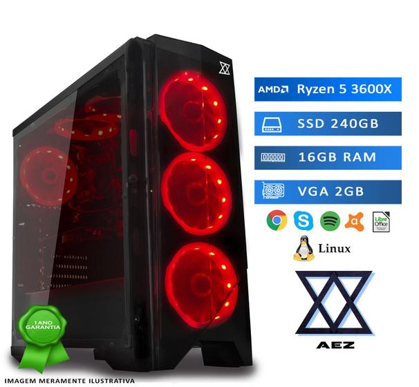Imagem de Computador Gamer AEZ Powered By Asus AMD Ryzen 5 3600X, 16GB, SSD 240GB, VGA 2GB 128 BITS, Linux