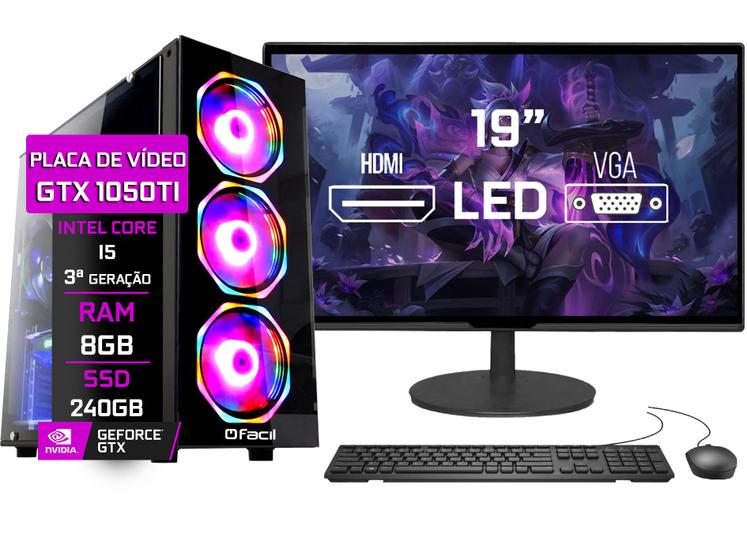 Imagem de Computador Gamer Completo Fácil Intel i5 3ª Geração 8GB GTX 1050ti 4GB SSD 240GB Fonte 500W Monitor 19"