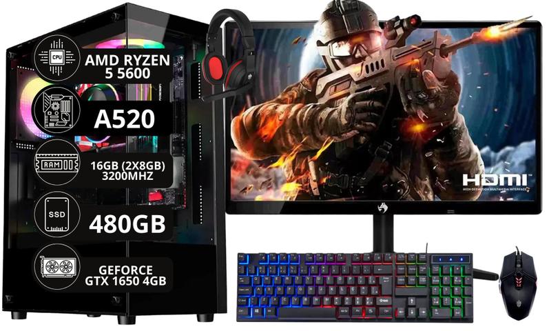 Computador Gamer Completo Ryzen 5 5600 SSD 480GB 16GB 650W Placa de Vídeo GTX1650 Menor preço em Computador Gamer Completo Ryzen 5 5600 SSD 480GB 16GB 650W Placa de Vídeo GTX1650