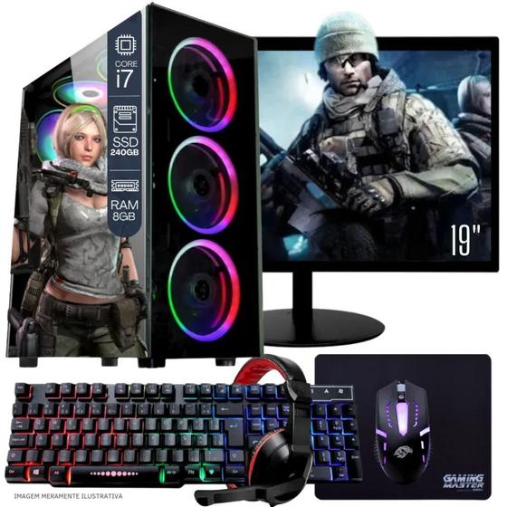 Imagem de Computador Gamer Completo TOB Intel Core i7 SSD 240GB 8GB Teclado Mouse Mouse Pad e Headset Gamer Monitor 19" Windows 10 Pro Trial