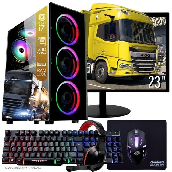 Imagem de Computador Gamer Completo TOB Intel Core i7 SSD 480GB 16GB Teclado Mouse Mouse Pad e Headset Gamer Monitor 23" Windows 10 Pro Trial