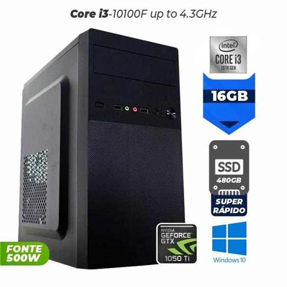 Imagem de Computador Gamer Elo Intel Core i3-10100F Up to 4,3Ghz Cache 6MB Memória 16GB Ram Hd SSD 480GB Geforce GTX 1050Ti 4GB Fonte 500W