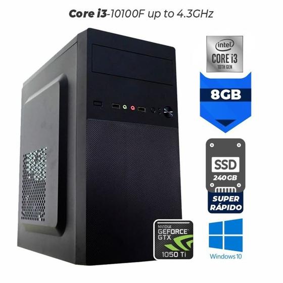 Imagem de Computador Gamer Elo Intel Core i3-10100F Up to 4,3Ghz Cache 6MB Memória 8GB Ram Hd SSD 240GB Geforce GTX 1050Ti 4GB Fonte 500W