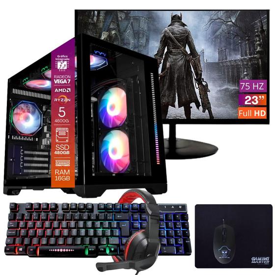 Imagem de Computador Gamer Ryzen 5 SSD 480GB 16GB 4GB Windows 10 Pro Trial, Teclado/Mouse, Mouse Pad, Headset, Monitor 23"