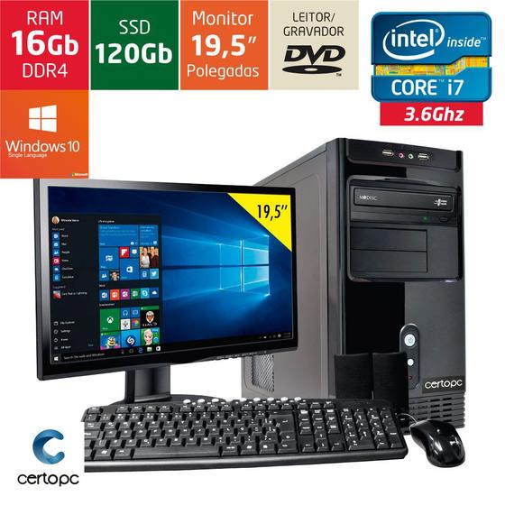 Imagem de Computador + Monitor 19,5 Intel Core i7 16GB SSD 120 GB DVD Windows 10 SL Certo PC Desempenho 944