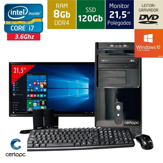 Imagem de Computador + Monitor 21,5 Intel Core i7 8GB SSD 120GB DVD Windows 10 Certo PC Desempenho 953