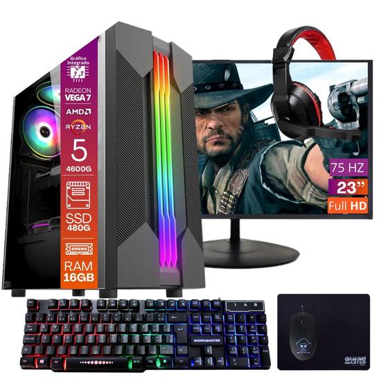 Imagem de Computador PC Gamer Completo Ryzen 5 SSD 480GB 16GB Windows 10 Pro Trial, Teclado/Mouse, Mouse Pad, Headset, Monitor 23"