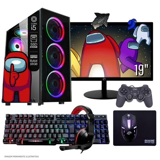 Imagem de Computador PC Gamer Completo TOB Intel Core i5 SSD 240GB 16GB Teclado Mouse Mouse Pad e Headset Gamer Joystick Monitor 19" Windows 10 Pro Trial