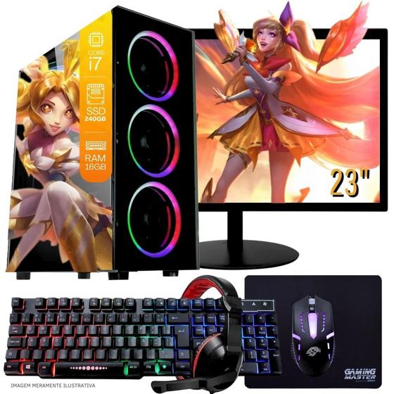 Imagem de Computador PC Gamer Completo TOB Intel Core i7 SSD 240GB 16GB Teclado Mouse Mouse Pad e Headset Gamer Monitor 23" Windows 10 Pro Trial