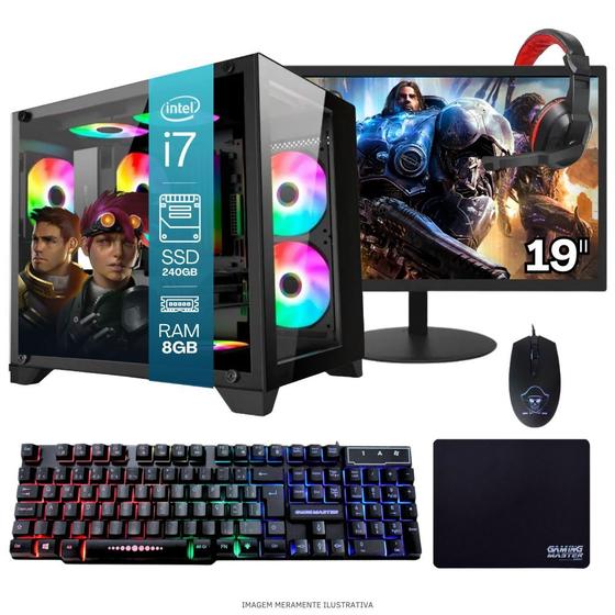 Imagem de Computador PC Gamer Completo TOB Intel Core i7 SSD 480GB 16GB Gabinete Aquário Teclado Mouse Mouse Pad e Headset Gamer Monitor 19" Windows 10 Pro Tria