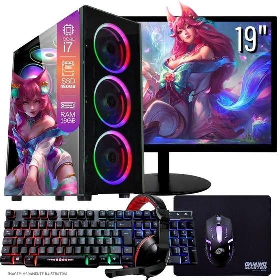 Imagem de Computador PC Gamer Completo TOB Intel Core i7 SSD 480GB 16GB Teclado Mouse Mouse Pad e Headset Gamer Monitor 19 Windows 10 Pro Trial