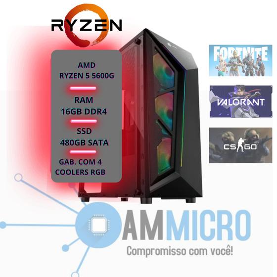 Imagem de Computador rgb gamer ryzen 5 5600g - 16gb de ram- ssd 480gb- gabinete acompanha 4 coolers rgb 