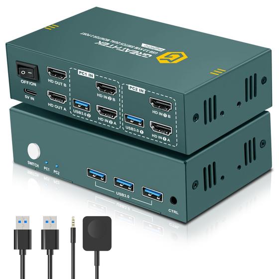 Imagem de Comutador KVM EVATEK HDMI 4K@60Hz - 2 Monitores e 2 Computadores com USB 3.0