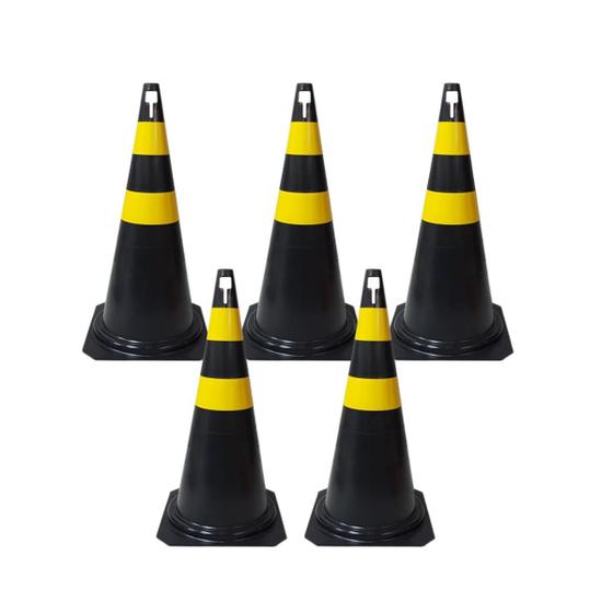 Imagem de Cone de Sinalização 50cm Preto e Amarelo com Encaixe para Placa Trânsito Estacionamento Rígido Resistente Kit 5 Unidades