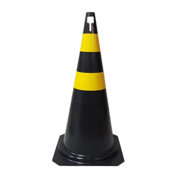 Imagem de Cone de Sinalização 50cm Preto e Amarelo com Encaixe para Placa Trânsito Estacionamento Rígido Resistente